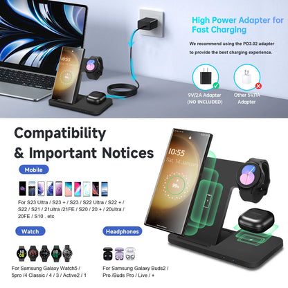 3 in 1 Wireless Charger Stand for Samsung Devices, 15W Fast Charging Dock Station for Samsung Z Folding Flip 6 5 4 Galaxy S24 S23 S22 S21 S20 S10, Galaxy Watch