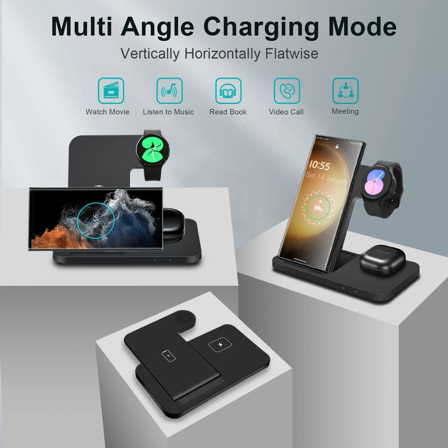 3 in 1 Wireless Charger Stand for Samsung Devices, 15W Fast Charging Dock Station for Samsung Z Folding Flip 6 5 4 Galaxy S24 S23 S22 S21 S20 S10, Galaxy Watch