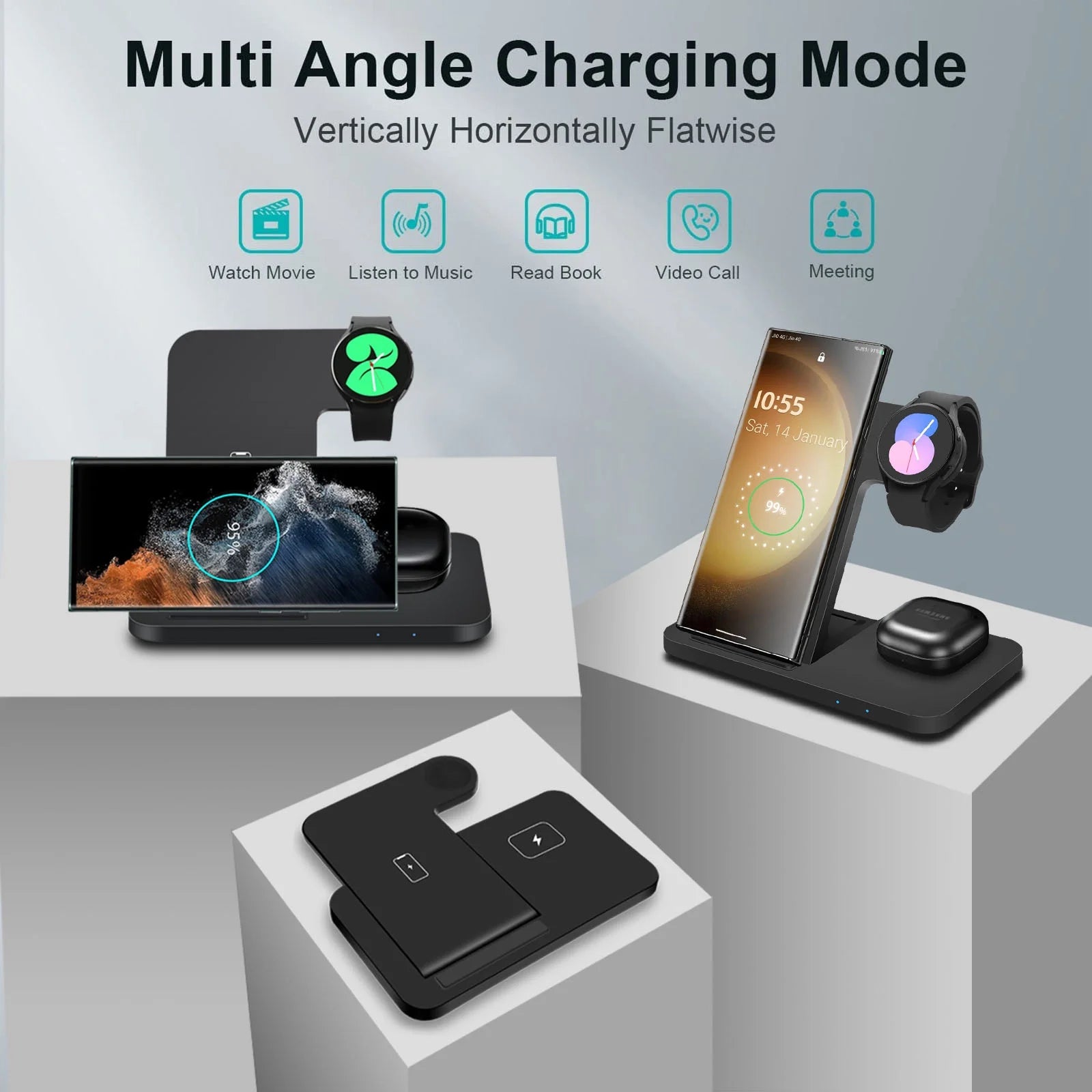 3 in 1 Wireless Charger Stand for Samsung Devices, 15W Fast Charging Dock Station for Samsung Z Folding Flip 6 5 4 Galaxy S24 S23 S22 S21 S20 S10, Galaxy Watch