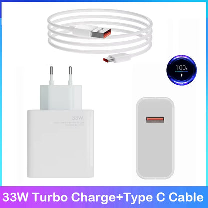 EU Charger 33W Fast Turbo Charge 2M 1.5M Type C Cable for Xiaomi Mi 10 9 10T Lite POCO X3 F3 NFC Redmi K40 Note 9 10 Pro