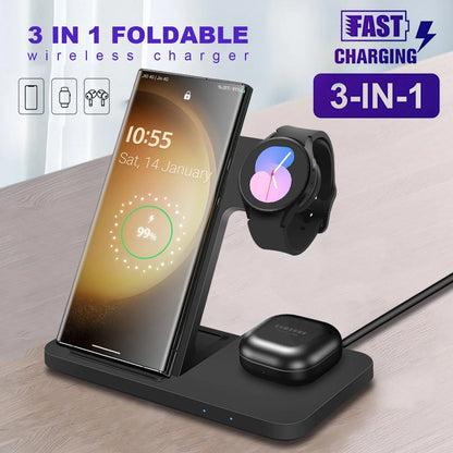 3 in 1 Wireless Charger Stand for Samsung Devices, 15W Fast Charging Dock Station for Samsung Z Folding Flip 6 5 4 Galaxy S24 S23 S22 S21 S20 S10, Galaxy Watch