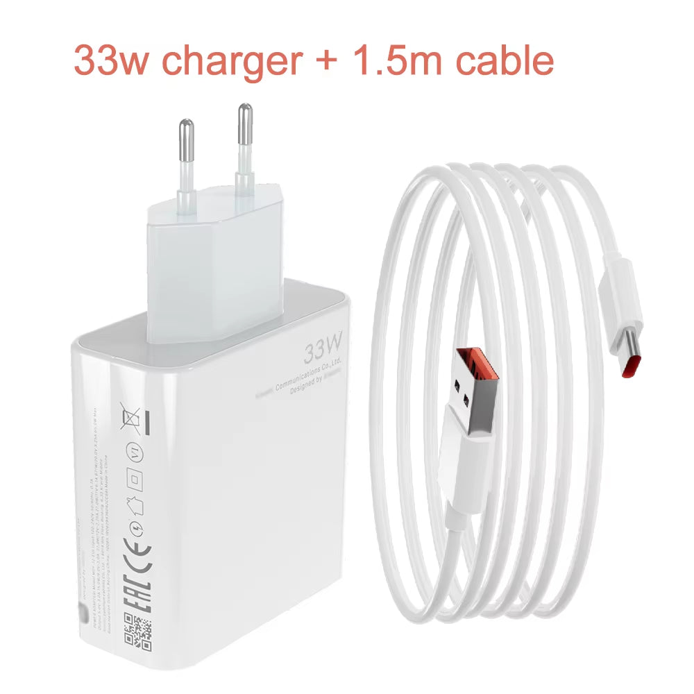 EU Charger 33W Fast Turbo Charge 2M 1.5M Type C Cable for Xiaomi Mi 10 9 10T Lite POCO X3 F3 NFC Redmi K40 Note 9 10 Pro