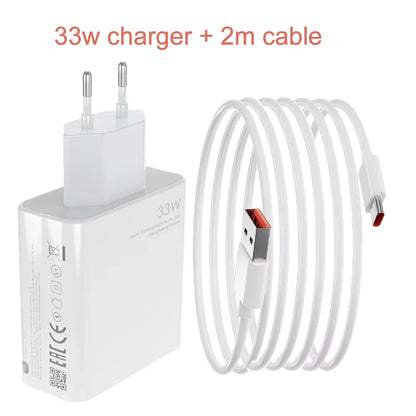 EU Charger 33W Fast Turbo Charge 2M 1.5M Type C Cable for Xiaomi Mi 10 9 10T Lite POCO X3 F3 NFC Redmi K40 Note 9 10 Pro